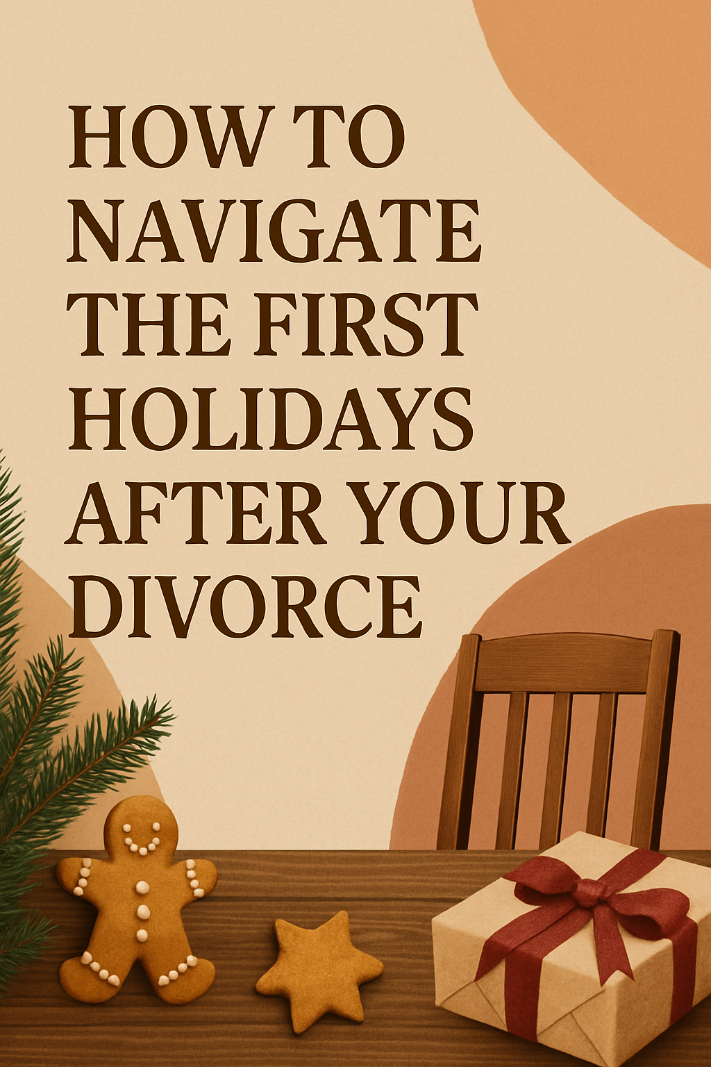 A warm, earthy-toned holiday scene featuring a wooden chair, evergreen branches, gingerbread cookies, and a wrapped gift on a table. The text "How to Navigate the First Holidays After Your Divorce" appears prominently, creating a reflective and gentle atmosphere that matches the blog’s theme.