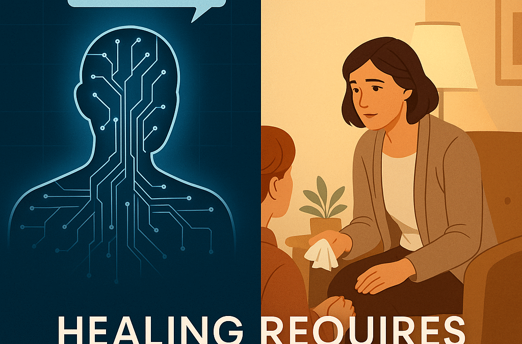 A split-screen illustration showing the contrast between AI and human therapy. The left side features a glowing blue, faceless AI figure with circuit lines and a speech bubble that says “Tell me more.” The right side shows a warm therapy room where a compassionate human therapist sits with a client, offering support. Text at the bottom reads “Healing Requires Human Connection,” highlighting the difference between artificial responses and real relational attunement.