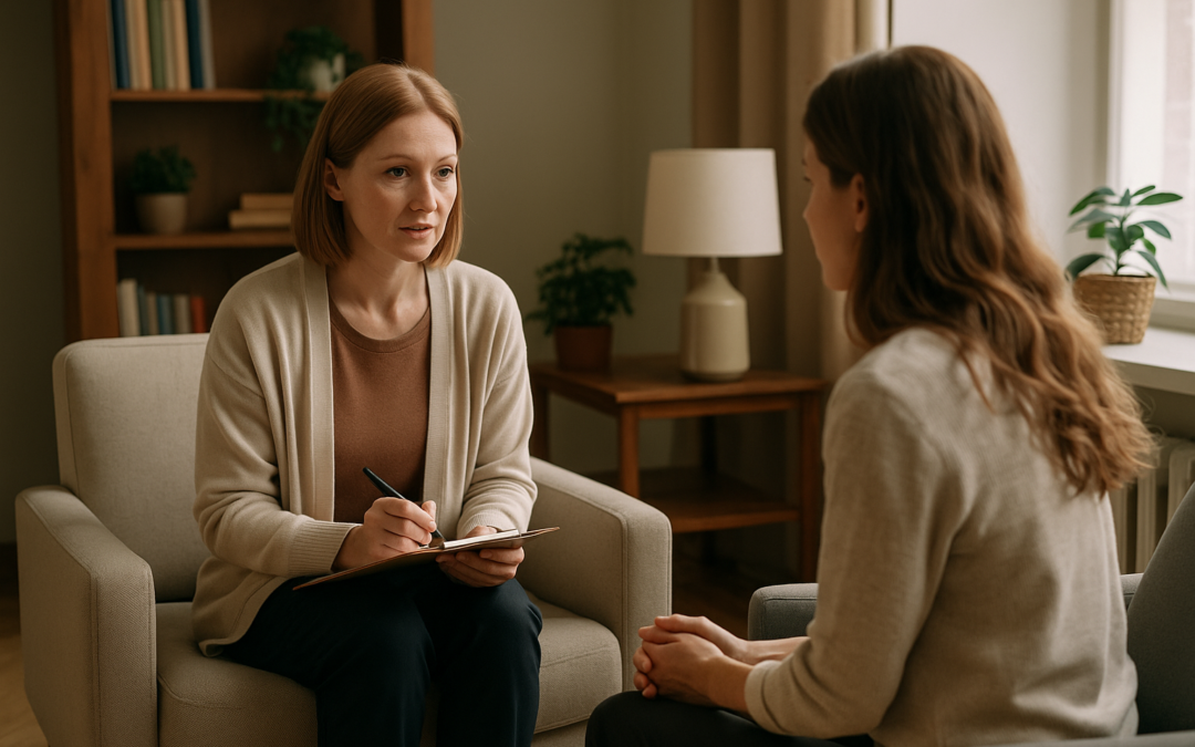 Therapist and client sitting together in a calm, warm-toned therapy office, engaging in a supportive conversation that models DEAR MAN communication and boundary-setting techniques.