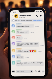 Illustration of a smartphone displaying an anonymized Chi Phi group chat, representing group dynamics, the bystander effect, and diffusion of responsibility.